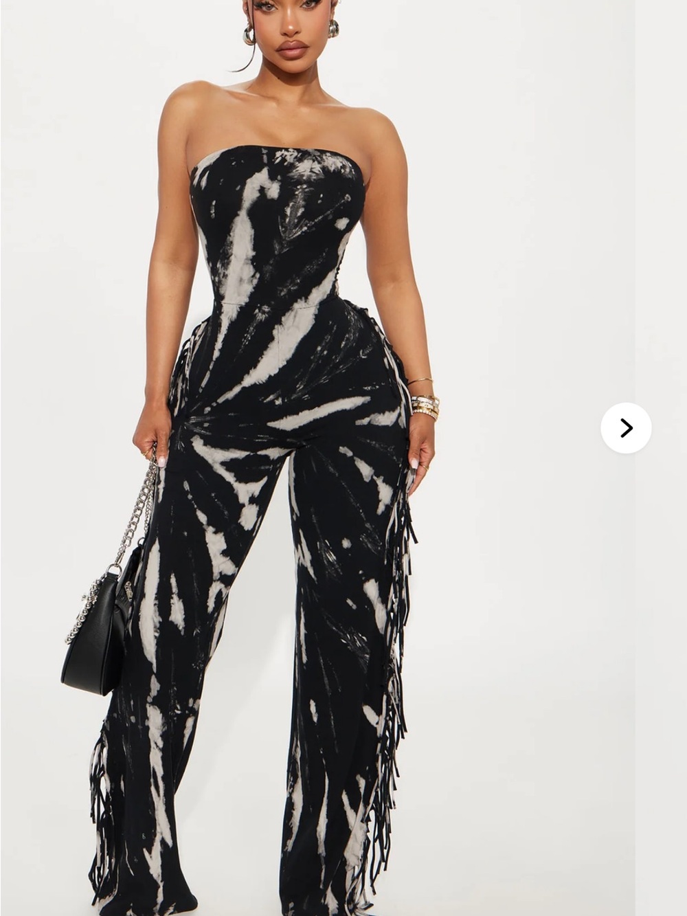 Fashion Nova Black & White Strapless Tie-Dye Fringe Jumpsuit